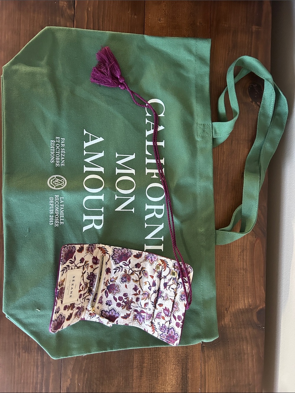 Sézane Floral Convertible Pouch in Cream and Plum (plus reusable tote bag)
